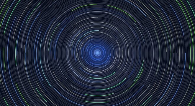 A captivating abstract image featuring a vortex of swirling light trails on a dark blue background, evoking cosmic motion and celestial rotation. - Powered by Adobe