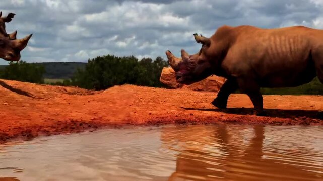 A dramatic panning shot follows a white rhino squaring up with a challenger.