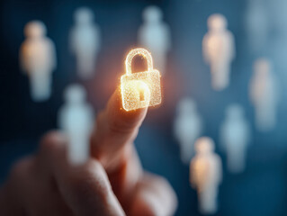 Finger pointing at glowing digital lock symbol representing secure access and protection of personal data in a technology-driven environment