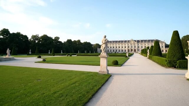 Expansive outdoor scene of a fountain, statues, manicured lawns, and grand classical architecture