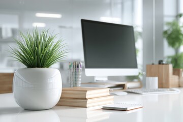 Fototapeta premium Modern office workspace with minimalist design featuring potted plant, computer monitor, and notepad on a bright and airy background