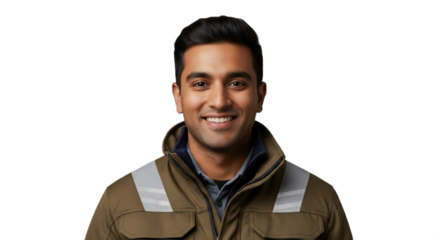 Smiling 27-32-year-old South Asian ski lift technician in uniform, isolated on transparent background. Perfect for showcasing careers, winter tourism, safety, employee profiles, HR,