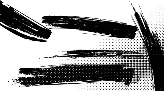 Complex black grunge brush strokes and halftone dot patterns isolated on