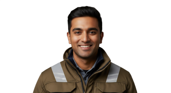 Smiling 27-32-year-old South Asian ski lift technician in uniform, isolated on transparent background. Perfect for showcasing careers, winter tourism, safety, employee profiles, HR,