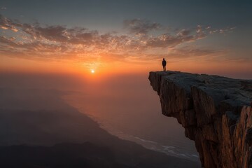 Fototapeta premium Man stands on cliff edge admiring colorful sunset over misty mountains