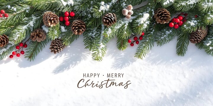 Festive evergreen garland adorned with pinecones and berries creates a winter wonderland scene for happy christmas greetings