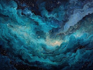 Vibrant Swirling Nebula Deep Space Stars Teal Blue Gold Hues Cosmic Gas Dust Clouds Interstellar Formations Astronomical Sky View
