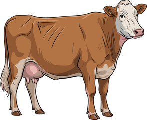 Realistic brown dairy cow illustration, milk cattle artwork, farm animal drawing, livestock vector, agriculture design, countryside farming concept, animal education graphic
