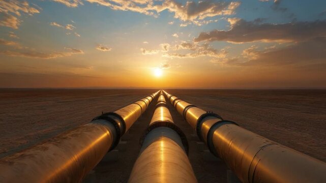 Endless Pipelines Under Sunset: An awe-inspiring perspective of massive pipelines stretching into the horizon beneath the warm embrace of a sunset.