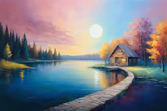 A serene lakeside cottage bathed in warm, dreamy twilight huesvibrant autumn trees frame the scene as a glowing sun dips below the horizon, casting soft reflections on calm waters. A tranquil, painter