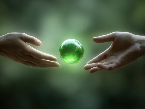 Two Hands Reaching Glowing Green Orb, Spherical Object Hovering Between Palms, Brightly Lit Emanating Energy