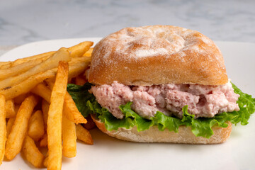 spam salad  sandwich  with french fries