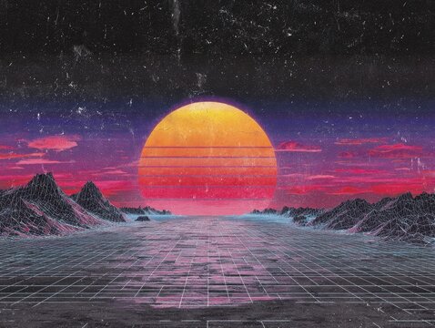 Vaporwave Aesthetic Landscape with Neon Grid Terrain, Large Setting Sun, and Distant Mountains under a Starry Sky, Illustrating a Digital Horizon and Cosmic Twilight
