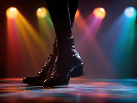 Close-Up of a Person's Legs in Boots on a Stage, Bathed in Bright Colorful Spotlights and Haze, Emphasizing a Glamorous and Dramatic Performance Scene