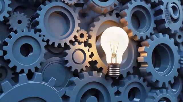 Lightbulb glowing among blue mechanical gears, illustrating innovation, teamwork, and technical solutions.