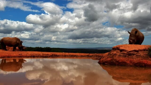 Two white rhinos take a breather after a tussle at a scenic watering hole with beautiful cloud reflections.