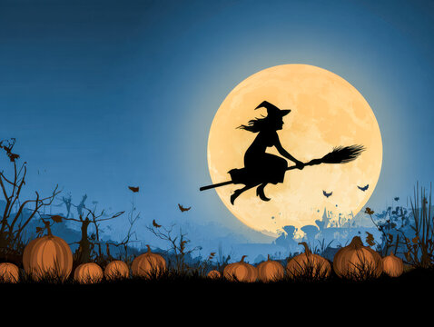 Silhouette of a witch flying on a broomstick across a glowing full moon over a pumpkin patch with bats in a spooky autumn night setting - Powered by Adobe