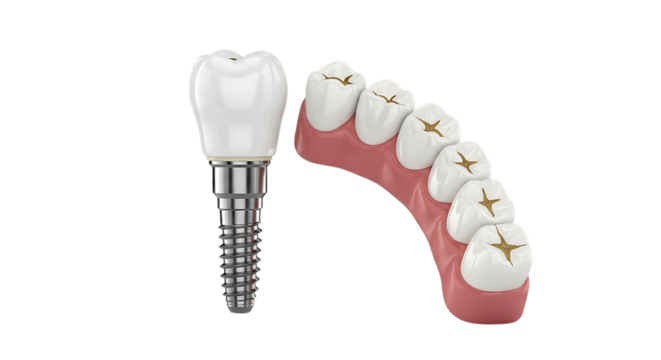 Dental implant and row of teeth with gold fillings on pink gum, cutout, PNG isolated on white or transparent background