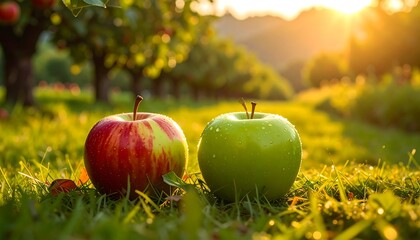 Two glistening apples, one red and one green, lie in vibrant green grass bathed in warm sunlight of a picturesque orchard