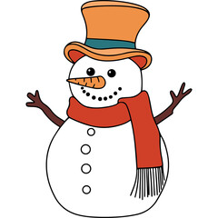 A Cheerful Snowman Wearing an Orange Top Hat and Red Scarf with Carrot Nose and Stick Arms Standing on a Transparent Background