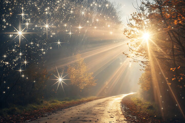 Magical forest path with sunbeams and stars isolated on transparent background