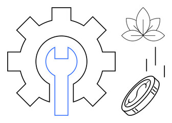Gear with wrench inside highlights maintenance, falling coin symbolizes investment, leaf designs represent eco-consciousness. Ideal for business, innovation, engineering, green energy, finance