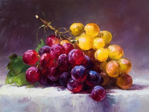 Textured Grape Bunch Still Life Oil Painting, Red Purple Yellow Grapes, Realistic Fruit Artwork, Impressionistic Produce Art, Rustic Table Decor, Vibrant Harvest Display, Fresh Farm Bounty 