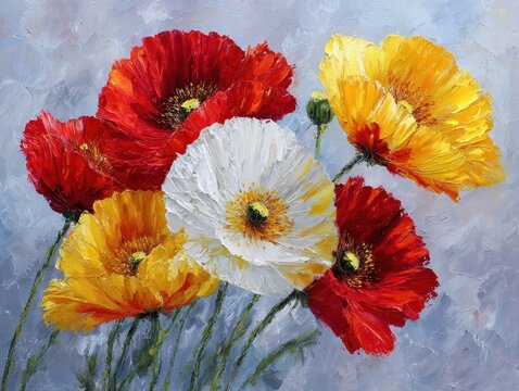Vibrant Poppies Floral Painting Oil on Canvas Red White Yellow Flowers Artistic Impressionism Style