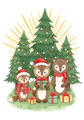 Three woodland animals celebrating Christmas with gifts and trees  