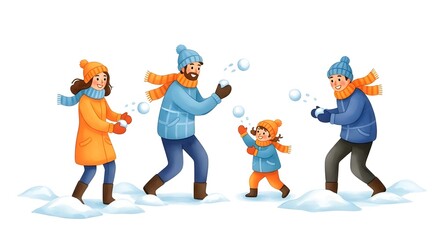 Family playing in the snow and having fun during winter  