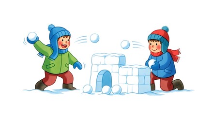 Two cheerful boys playing snowball fight near snow fort in winter  