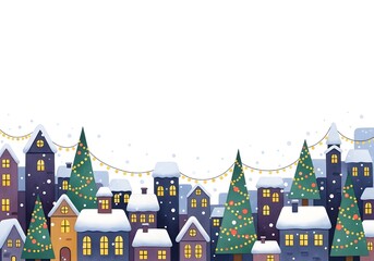 Cozy winter village with snow-covered houses and decorated trees  