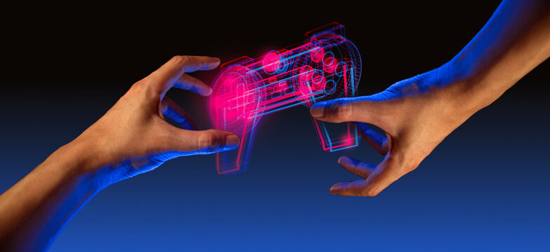 gamer playing the online game with joystick controller in neon glow dark cyberpunk room, gaming and e-sports challenge tournament streaming, streamer with analog device in living house