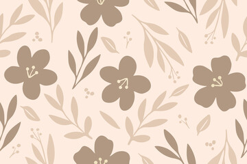 Elegant seamless floral pattern in warm beige and taupe tones. Soft botanical leaves and flowers create a calm, minimal, and natural aesthetic for modern designs.