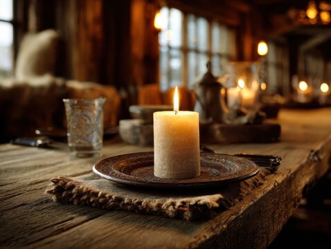 Rustic Ambiance Warm Candlelight Glowing on Wooden Table Dinner Setting Cozy Indoor Scene