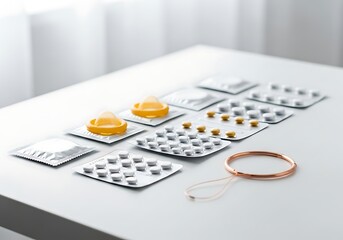 Closeup studio shot of contraceptive pills, vaginal ring, and other birth control methods on a white table, isolated on white background