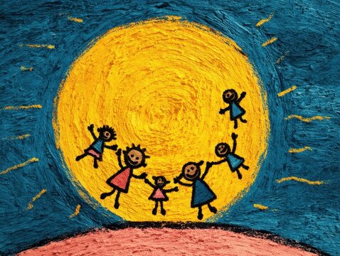 Whimsical Children Dancing Around Large Yellow Moon Textured Art Blue Night Sky Background