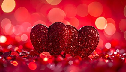 Two glittery red heart ornaments, surrounded by glittering confetti and bokeh, celebrating love and romance