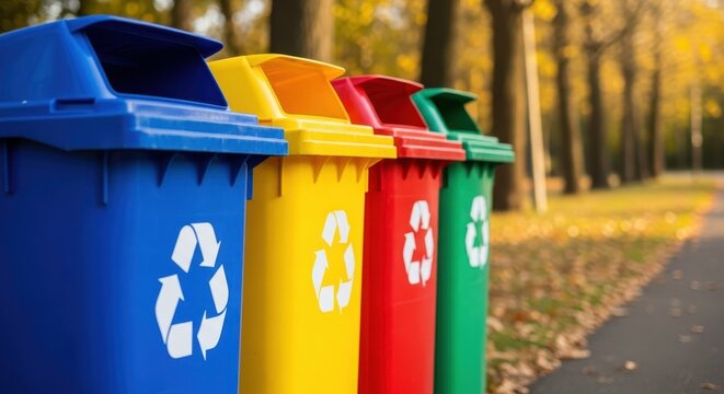 Colorful recycling bins in a park with autumn foliage trash cans fall