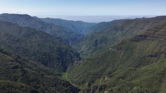 High aerial view over lush valley with hiking trails, Madeira interior