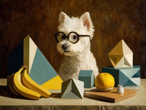 Oil Painting Still Life White Terrier Dog in Round Glasses with Geometric Prisms Bananas Yellow Apple on Table with Dark Textured Background
