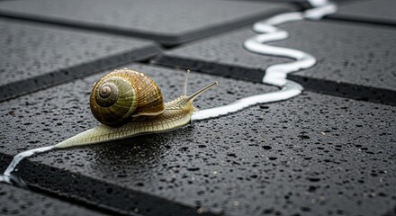 Snails Journey - A Close-Up View of a Snails Trail on Tiles.