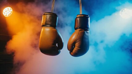 Boxing gloves hanging in dramatic lighting with fog