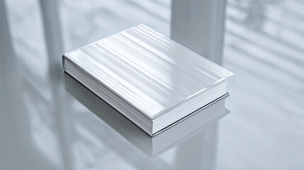 A minimalist and elegant book with a reflective surface sits on a polished surface, evoking a sense of calm and clarity. Its pristine cover gleams, promising untold stories within. 