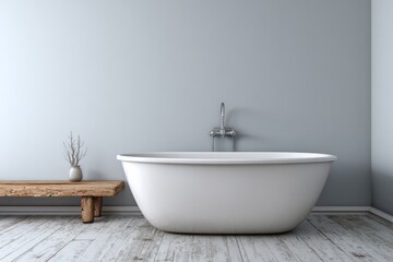 Modern freestanding bathtub sits against a pale blue wall beside a rustic wooden bench