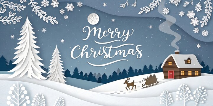 Whimsical winter wonderland merry christmas scene with a cozy cabin sleigh ride and snow covered trees - Powered by Adobe