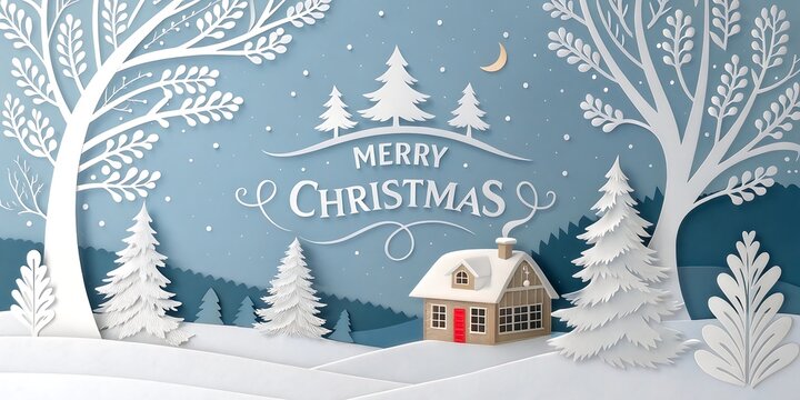Whimsical paper cutout winter wonderland scene with a cozy cabin and merry christmas message