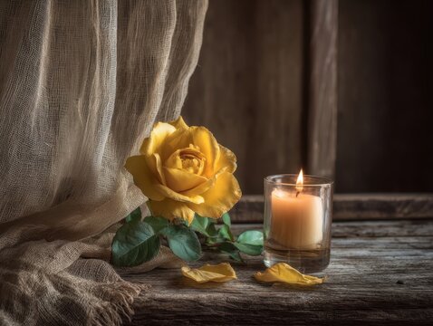 Still Life with Golden Yellow Rose, Lit Candle in Glass Holder, and Draped Textured Fabric on Rustic Wooden Surface, Evoking Warmth and Serenity in Dimly Lit Setting