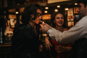 A stylish man in a velvet suit smokes a cigar at a bar while friends smile and mingle. Warm,...
