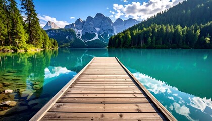 Tranquil turquoise lake with wooden dock, mountains, forest backdrop under a blue sky with fluffy clouds